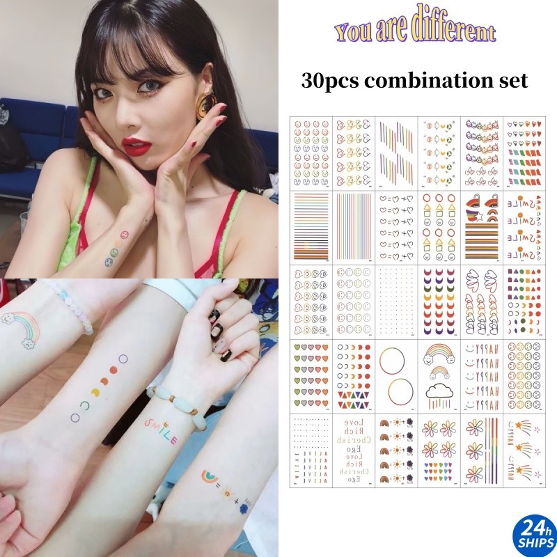 30PCS Colorful Line Combination Pattern Tattoo Cute Girl Arm Tattoo ...