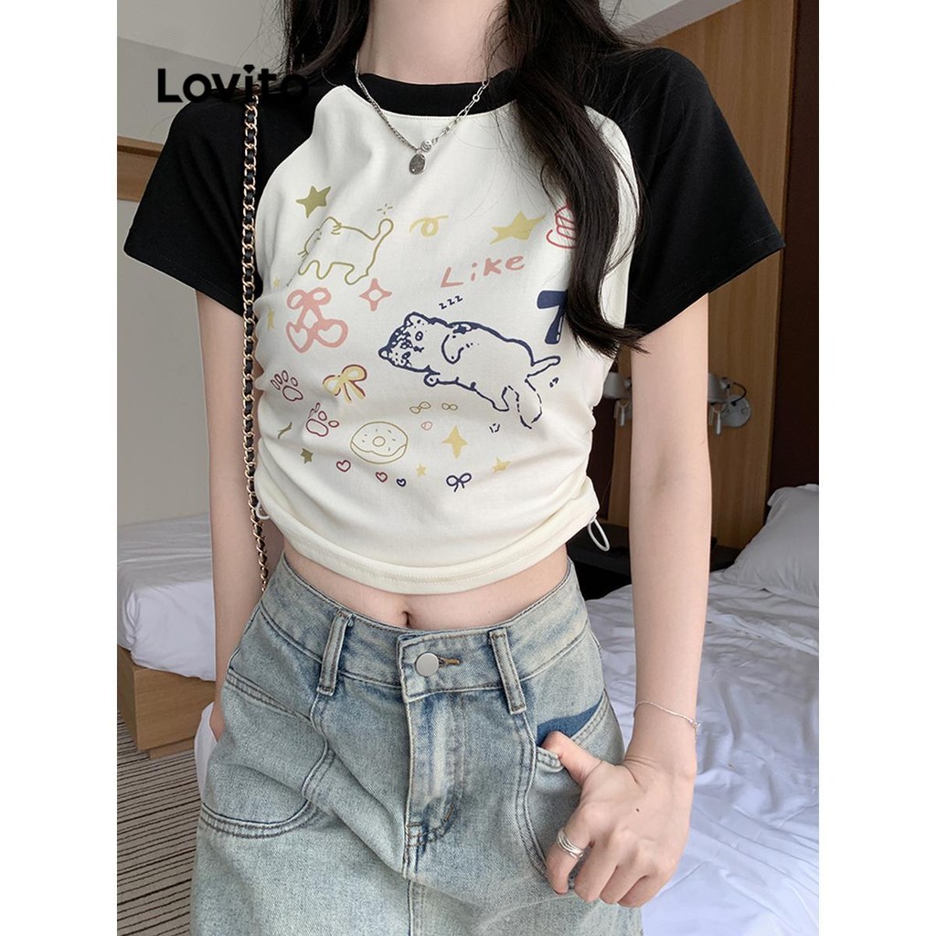 Lovito Women Casual Plain Colorblock T-Shirt LNA65141 | Shopee Philippines