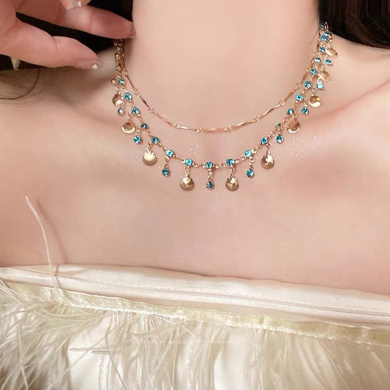 JUSHI Blue Zirconia Gold Shell Double Layers Necklace Niche Design Women  Fashion Accessories