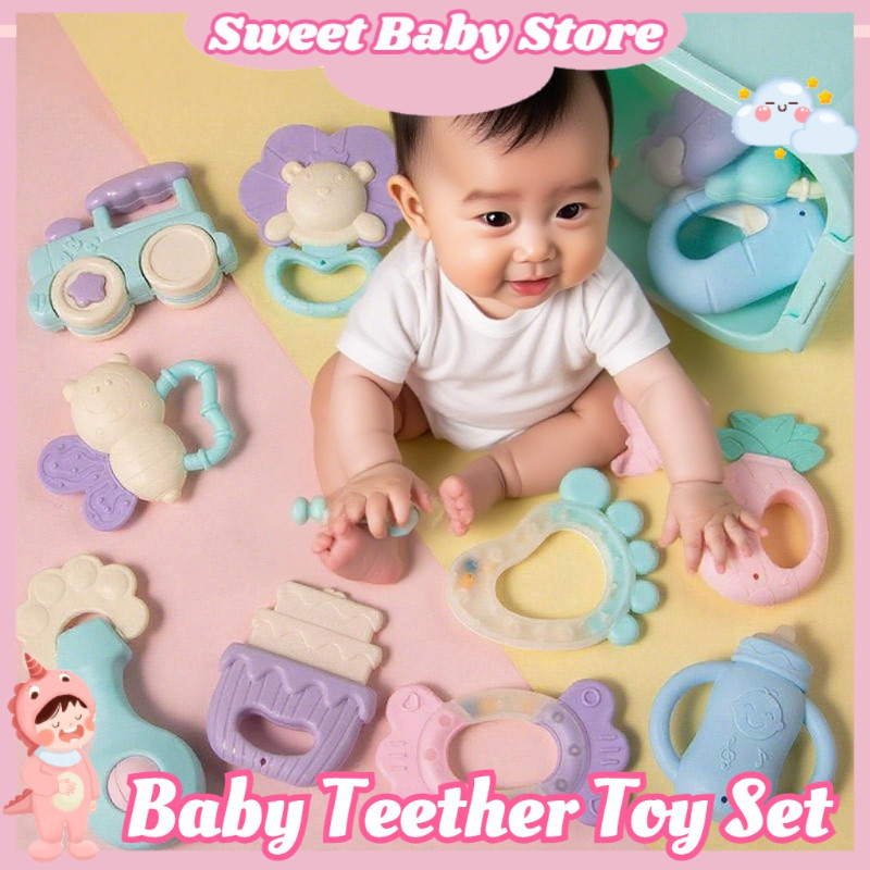 Baby Rattles Teether Toy Set 0-12 Months Newborn Silicone Soft Chewing ...