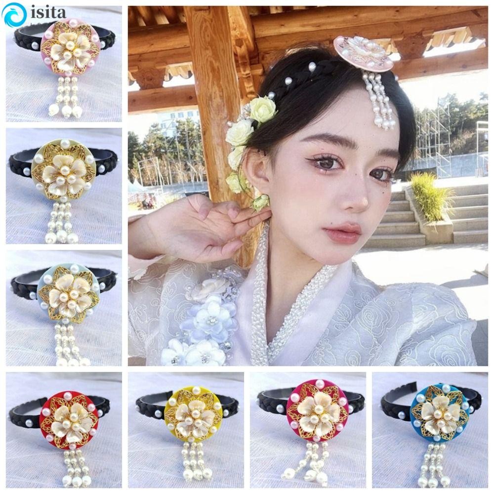 ISITA Korean Headband, Flower Pearl Hanbok Hairband, Fashion Tassels Traditional Headdress Stage