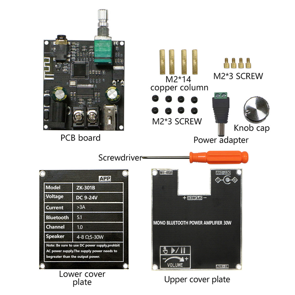 ZK-1001U Mono Amplifier Board With TWS, 100W Power Output Vehicle Amplifier Wide Voltage Input 9 24v Supports Usb Aux Bluetooth Black