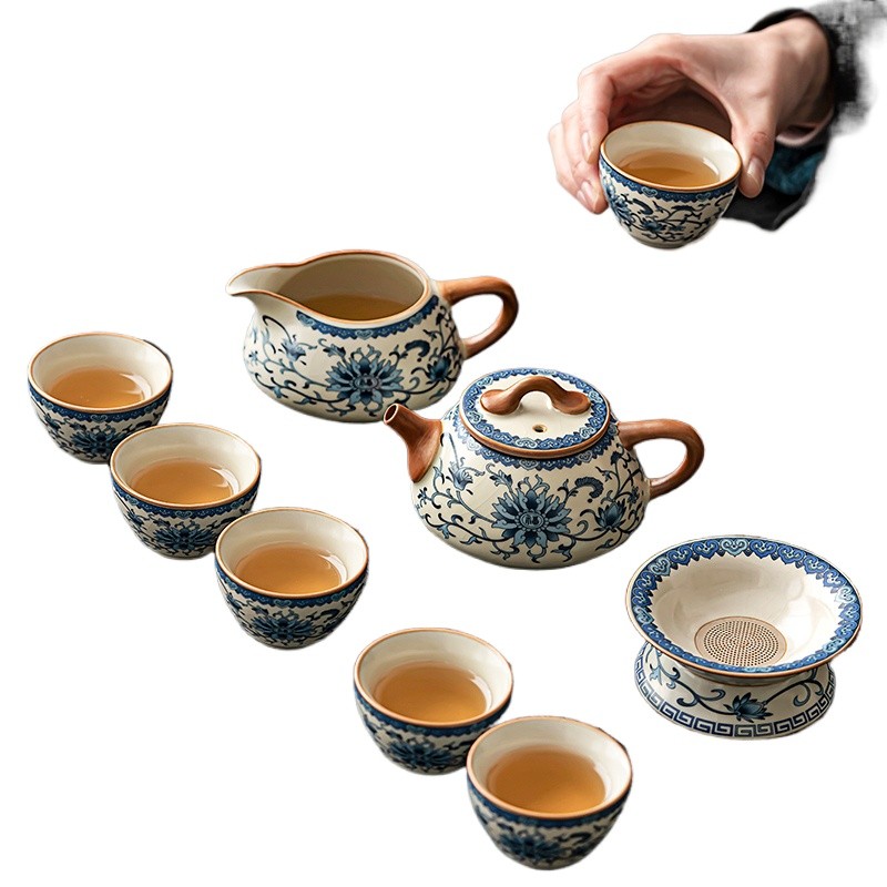 Huangshan blue and white ceramic Ru kiln tea set suit home office high ...