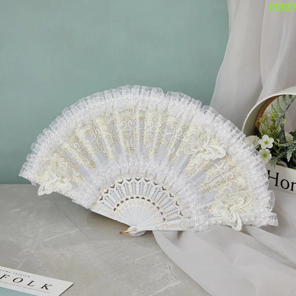 ROBEN Lolita Lace Hand Fan, White Handheld Lace Folding Fan, Home