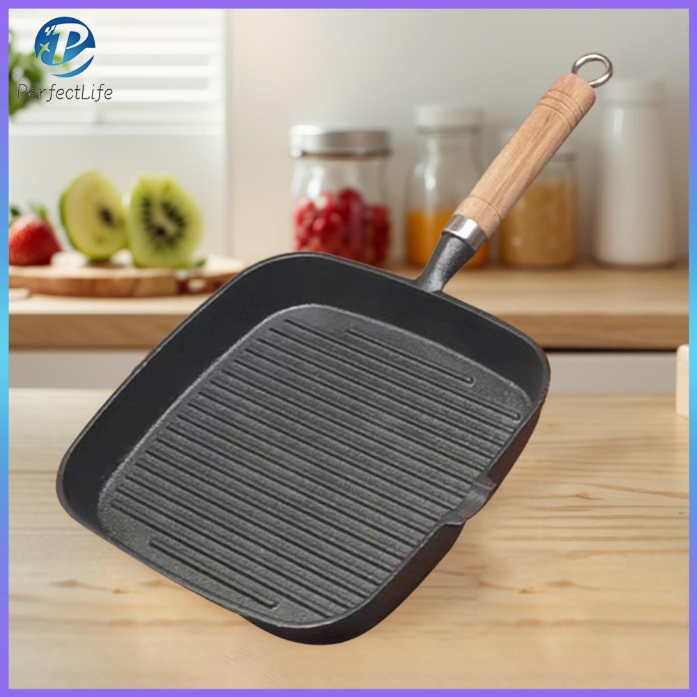 Cast Iron Skillet Frying Pan with Wooden Handle Uncoated Nonstick
