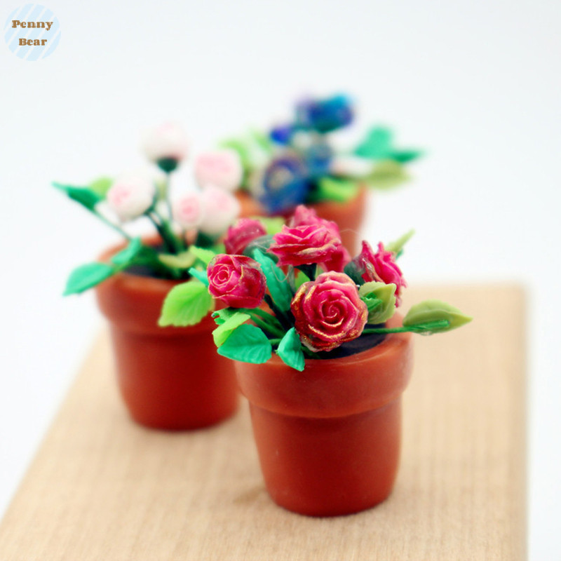 [Penny Bear] 1Pcs 112 Dollhouse Simulation Rose Miniature Green Plant