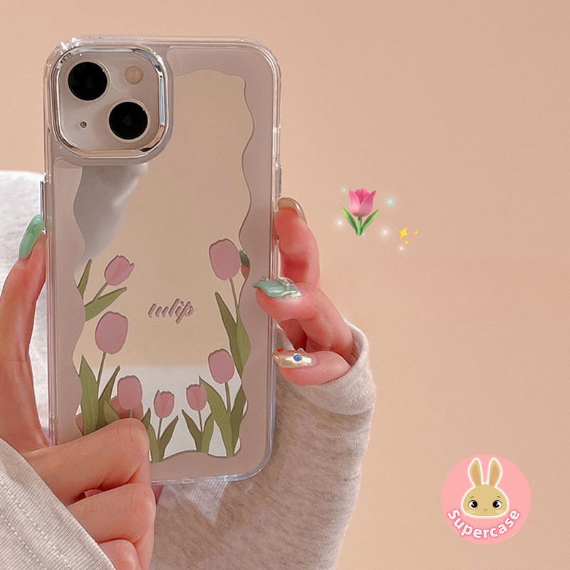 ins Style Pink Tulip Mirror Phone Case For Xiaomi 14T 14 Pro Redmi 14C 14R  Note 14 13 Pro Plus Poco C50 C55 4G Clear Back Cover New Girl Anti-fall