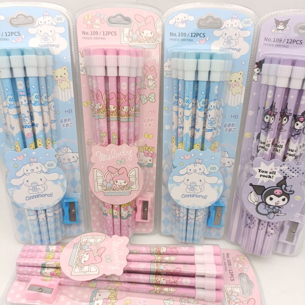 12pcs Sanrio Kuromi Melody Writing Pencil Set Cinnamoroll Black Write ...