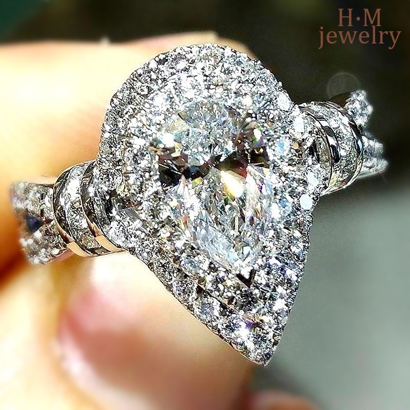 Women's Proposal Engagement Ring Pear-Shaped Water Drop Micro-Inlaid ...