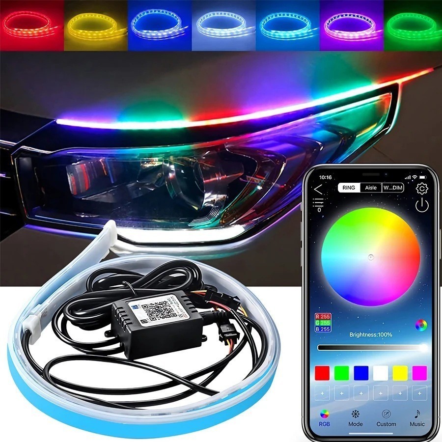 2Pcs DRL LED Strip Turn Signal Lamp RGB Flowing APP Remote RGB Flexible ...