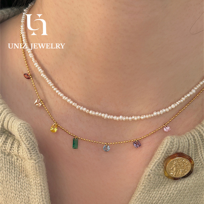 UNIZ 18K Rainbow Colorful Gem Stacking Chain Tassel Necklace for Women