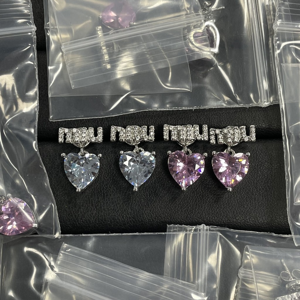 {TOP} Miu Metal Earrings HeartShaped Diamond Pendant Letter LOGO Brass