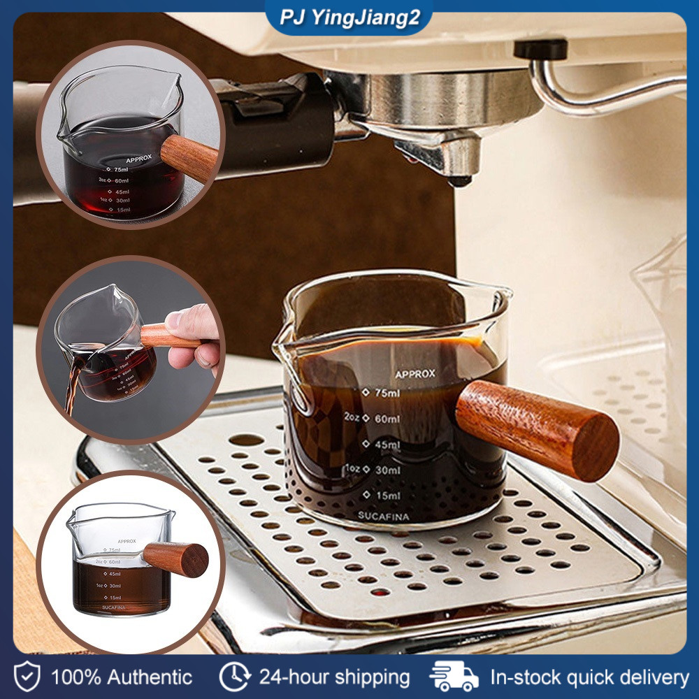 75ML Espresso Measuring Cup with Wooden Handle Borosilicate Glass ...