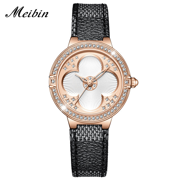 Meibin Watch For Woman Leather Strap Diamond Inlay Clock Dial Waterproof Quartz Ladies Wristwatch Shopee Philippines