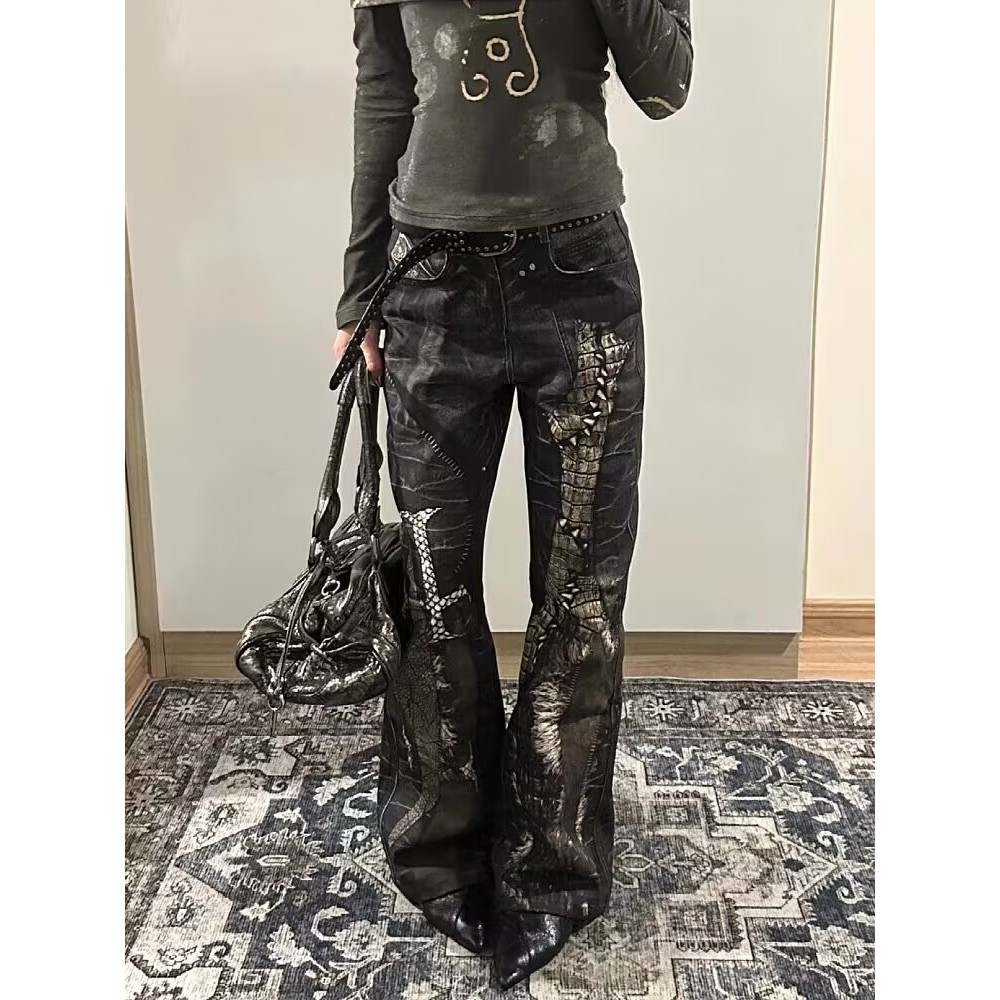 European American Design Python Leather Printed Micro-Flared Pants ...