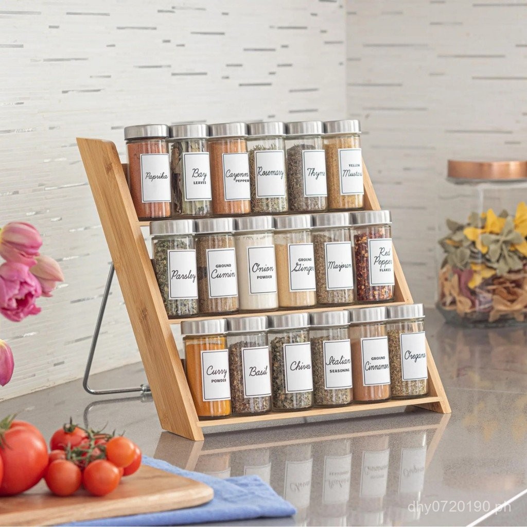 Kitchen Foldable Spice Bottle Organizer Display Rack Wooden Spice Jar ...