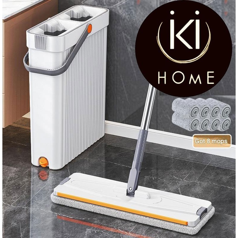 IKI (Free 8 Mop Heads) New Flat Mop for Home Use Hands-Free Washing ...