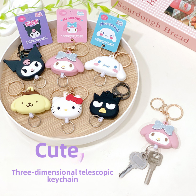 Cute Sanrion Retractable Cartoon Key Ring Button Silicone Stereo Head ...