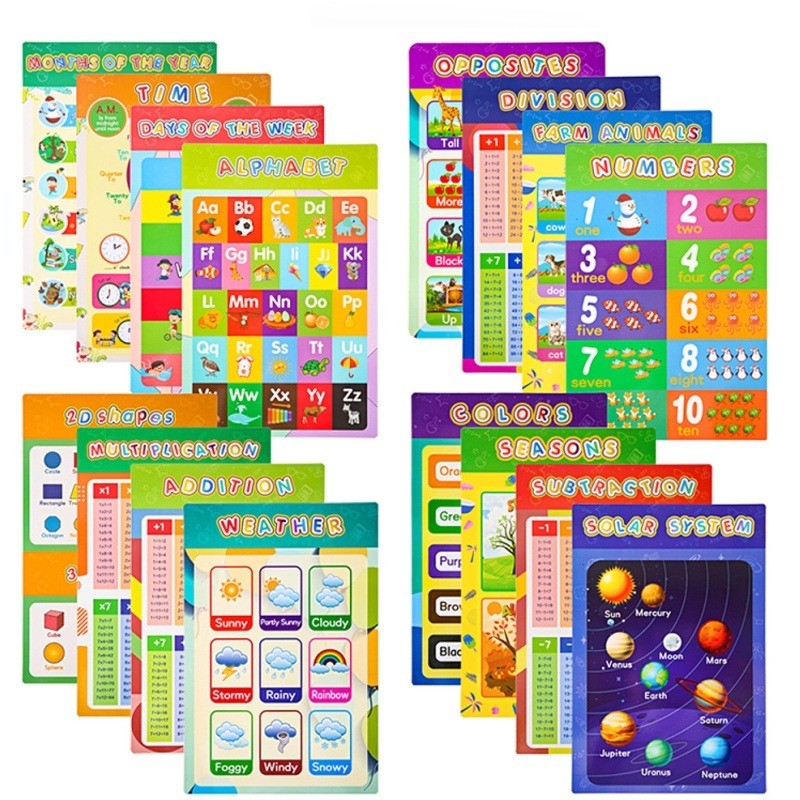 16Pcs Childrens Wall Chart Maths Educational Learning Poster Charts ...