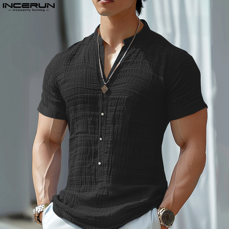 INCERUN Men Korean Casual Short Sleeve Half-Placket Loose Shirts ...