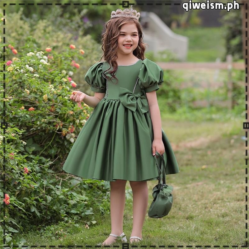 MQATZ Pageant Kids Evening Dress For Girl Children Costume Green Big Bow Princess  Dresses Girls Clothes Wedding Gown Short Sleeve L5356 | Shopee Philippines