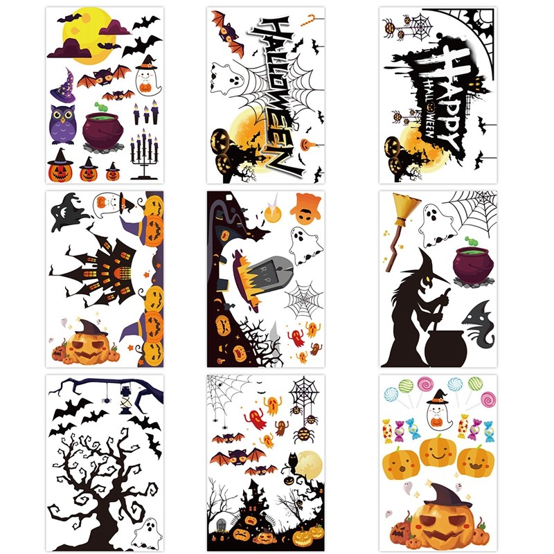 9-Pack Halloween Window Clings Decor - Bat, Cat, Skull & Spider Web Static Stickers For Glass, Double Sided
