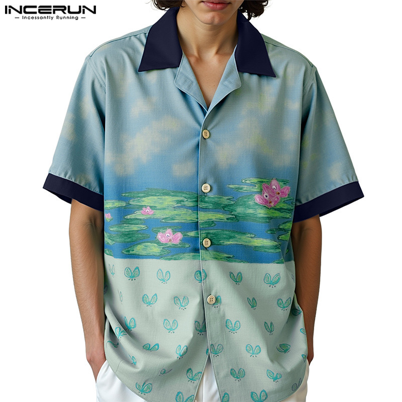 INCERUN men's lotus print spliced contrasting short sleeved shirt ...