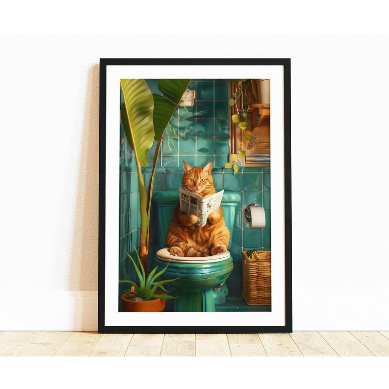 Orange Cat on Toilet Bathroom Print Toilet Wall Art Funny Cat Poster ...