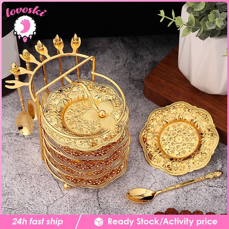 [Lovoski] 6 Tiered Serving Stand with Plates and 6 Spoons, Metal