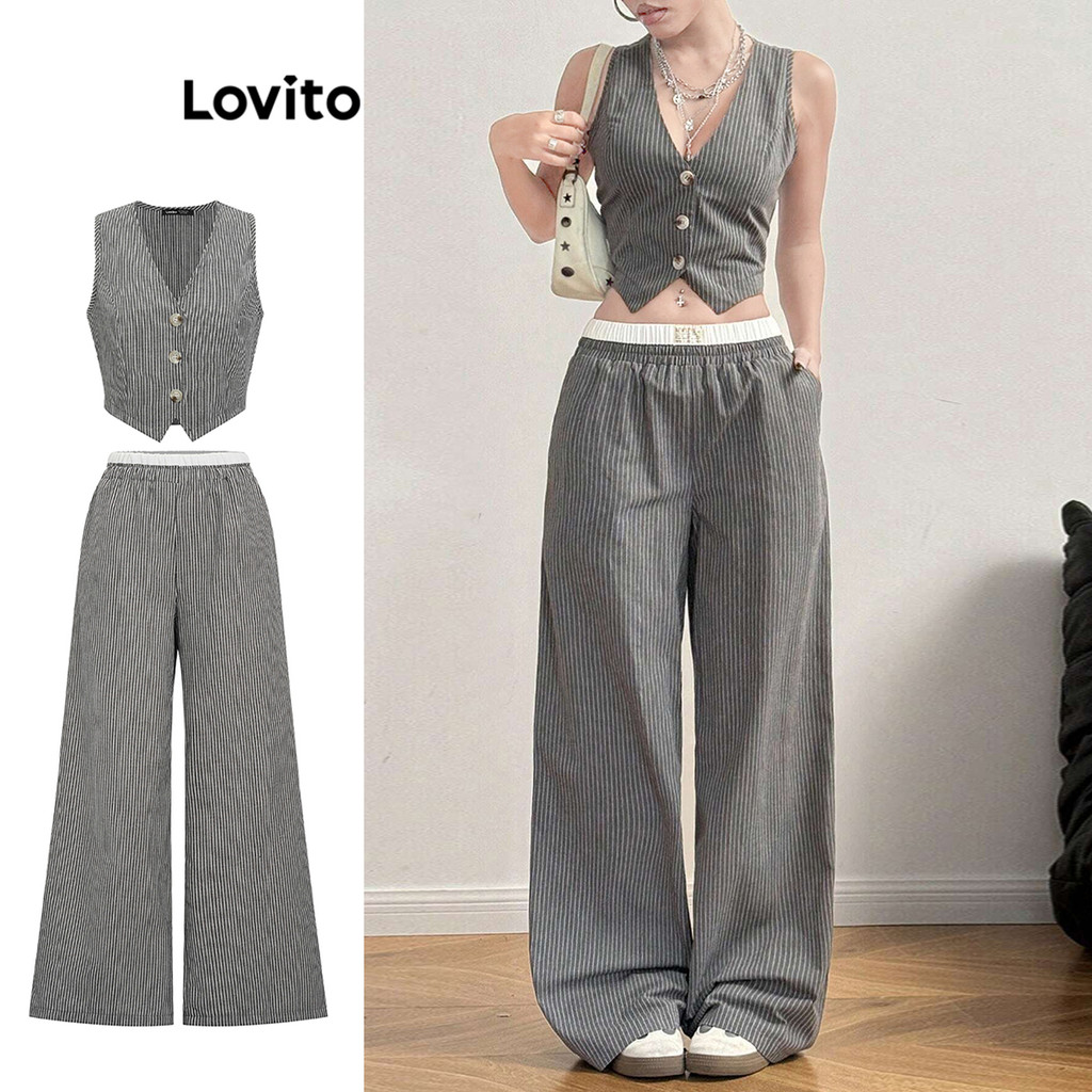 Lovito Women Elegant Striped Contrast Binding Button Front Structure