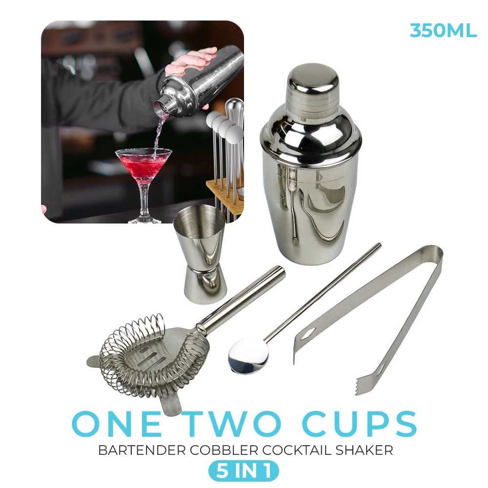 One Two Cups 5 in 1 Bartender Cobbler Cocktail Shaker Jigger Set 350ml ...