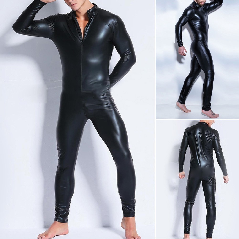 SUPER| Men PVC Leather Black Tight Zip Wetlook Bodysuit Jumpsuit ...