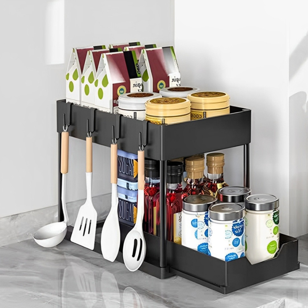2-Tier Kitchen Spice Rack with Hanger - Smart Sliding Rail, Anti-rust ...
