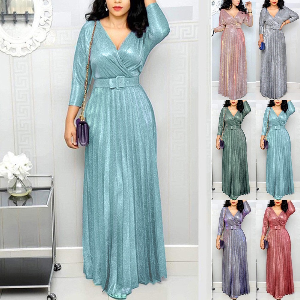 SUPER| Women Shiny Long Maxi Dress Cocktail Evening Party Pleated Hem ...