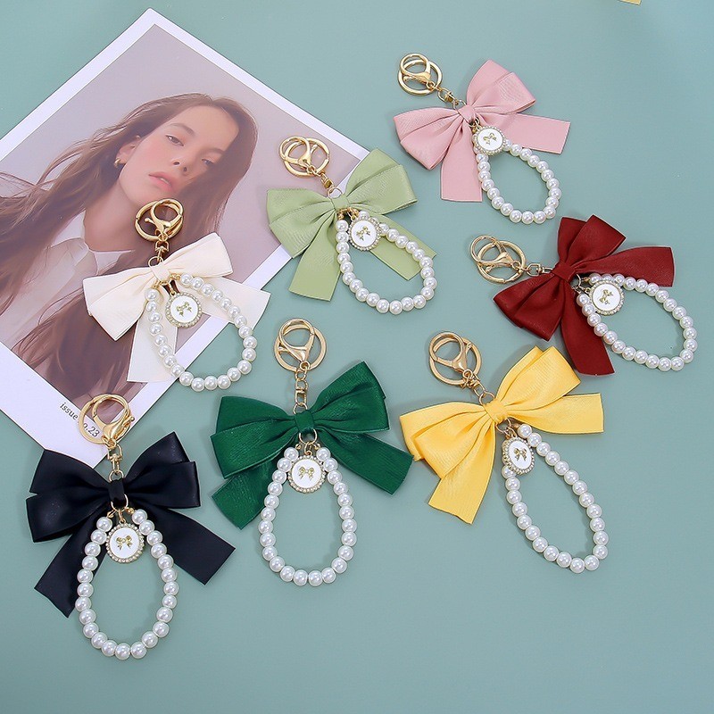 Fashion Big Bow Tie Key Chain Pearl Chain Women's Car Pendant Tote ...