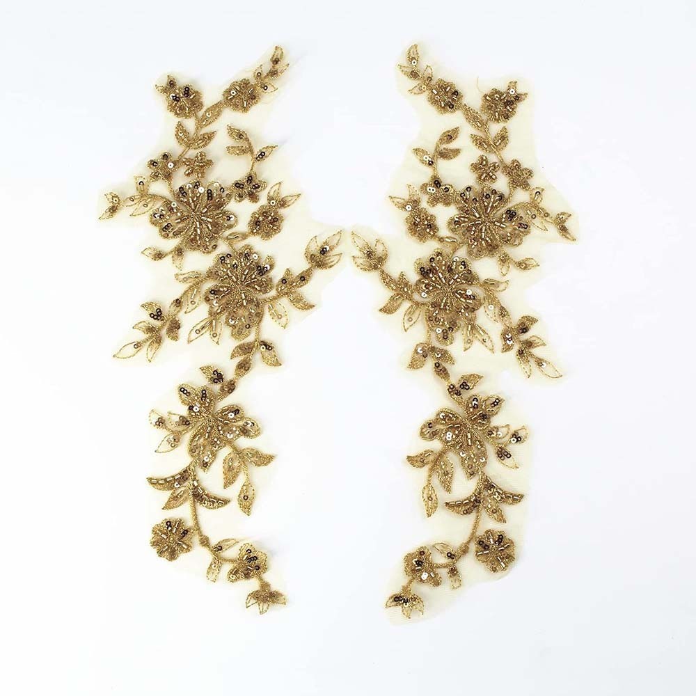1 Pair Beaded Embroidery Sequin Lace Applique Golden Sew On Flower Fabric  Collar Patch Motif Wedding Gown Dress Bridal DIY Craft | Shopee Philippines