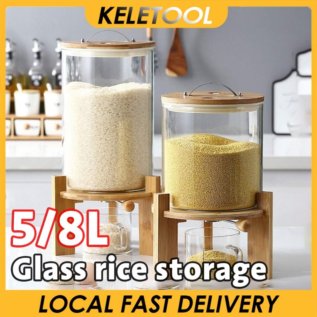 Rice Glass Dispenser Storage Wooden Stand Airtight Container Bamboo Lid ...