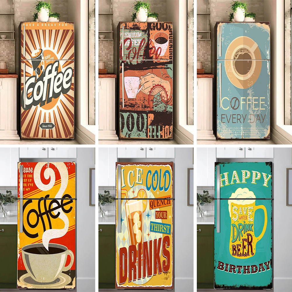 Custom Fridge sticker wallpaper Retro Coffee Drink Fridge Door Sticker ...