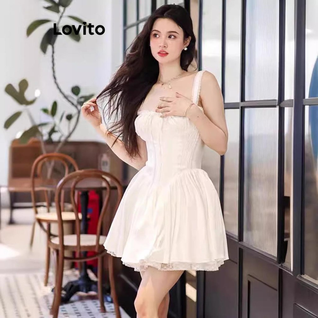 Lovito Women Elegant Plain Drawstring Structure Line Ruffle Neck Dress ...