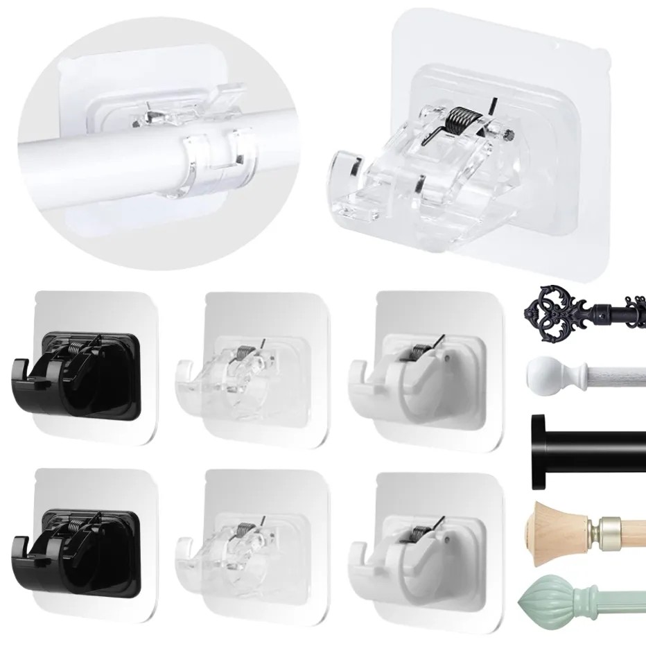 Nail-Free Curtain Rod Holder Clamp Hooks Adjustable Adhesive Wall ...