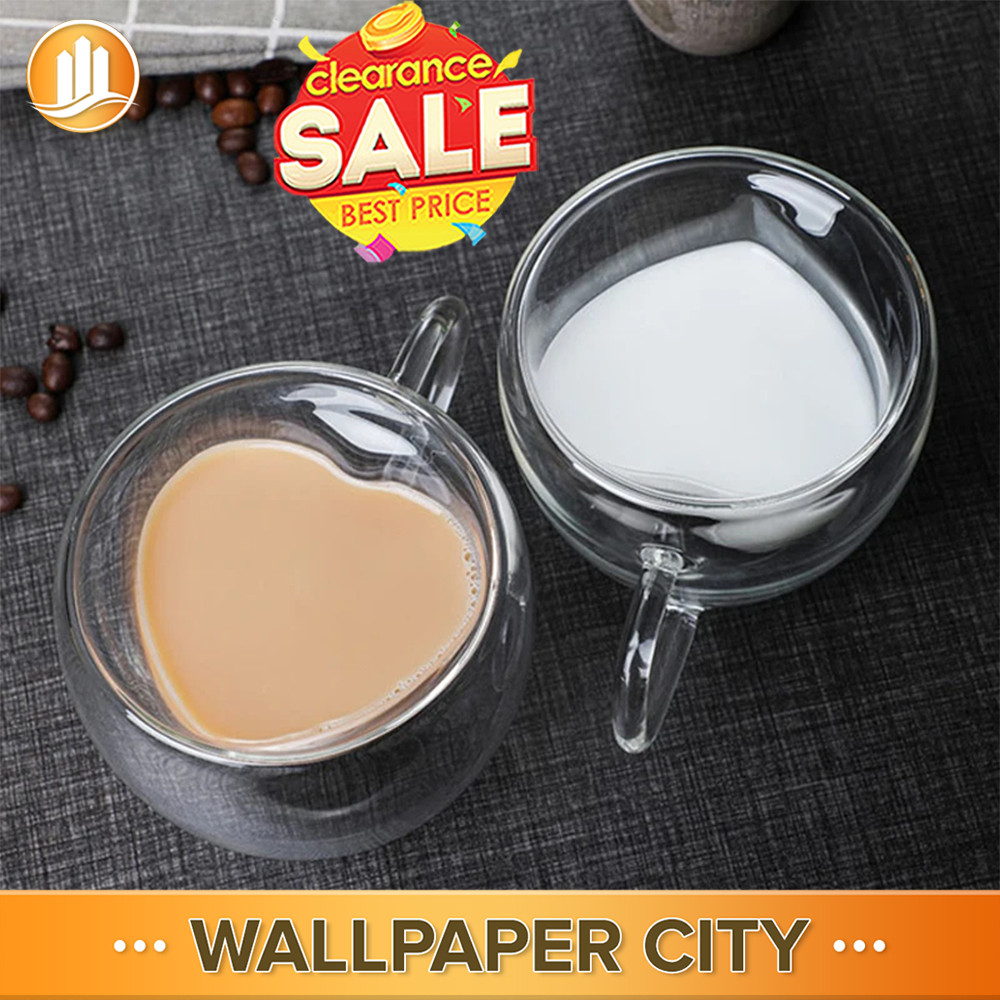 WPC CLEARANCE SALE Heart Design Double Wall Glass Mug Glass Double Wall ...