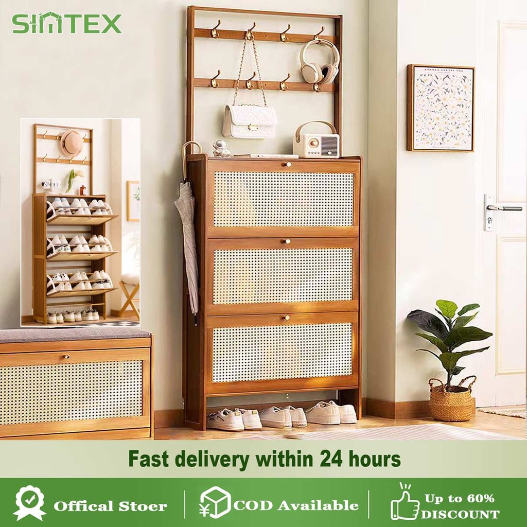 [On Hand]Shoe rack shoe cabinet with hooks woven rattan shoe rack ...
