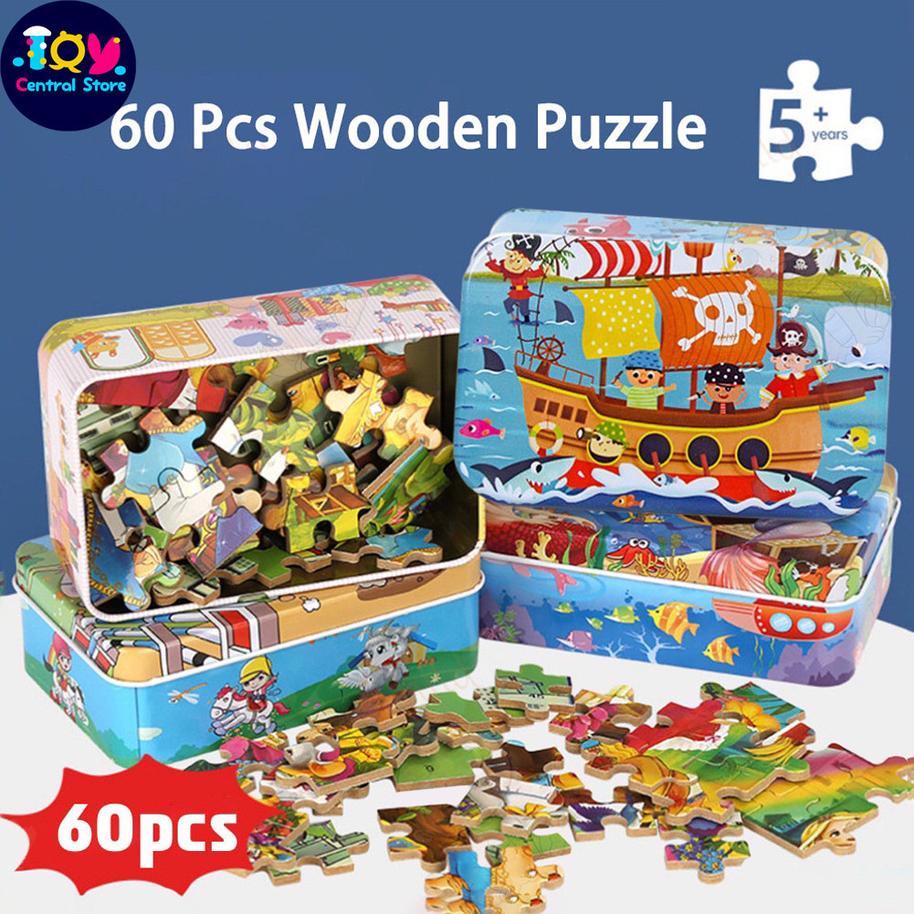 60pcs Wooden Cartoon Puzzle Kids Adults Learning Jigsaw Puzzle With ...