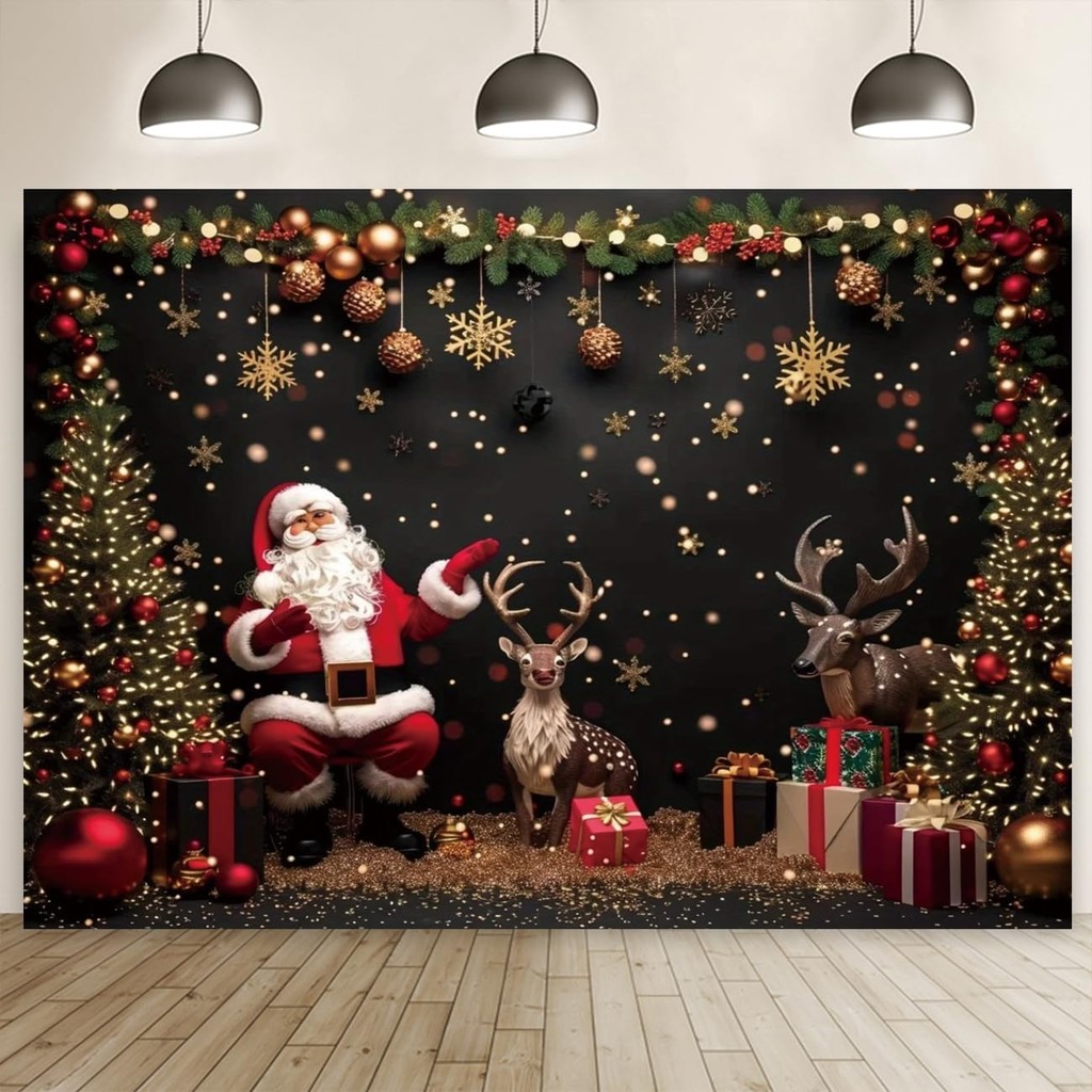 Santa Claus Reindeer Backdrop Winter Snow Christmas Tree Gifts Holiday ...