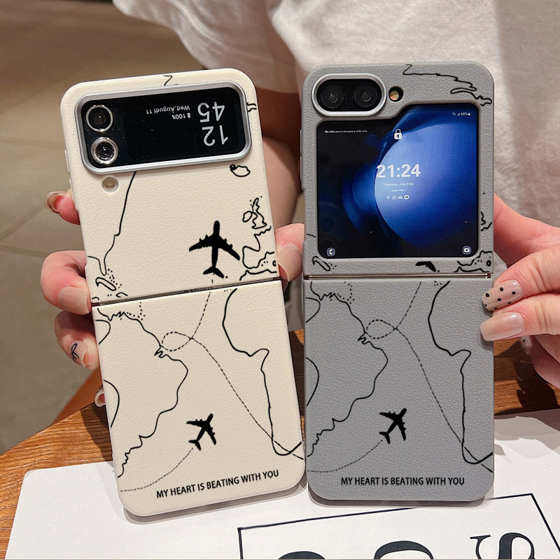 For Samsung Galaxy Z Flip7 Flip6 Flip5 Flip4 Flip3 5G Airplane Route  Pattern Folding Phone Case Leather Texture TPU Soft Cover For Samsung  Galaxy Z