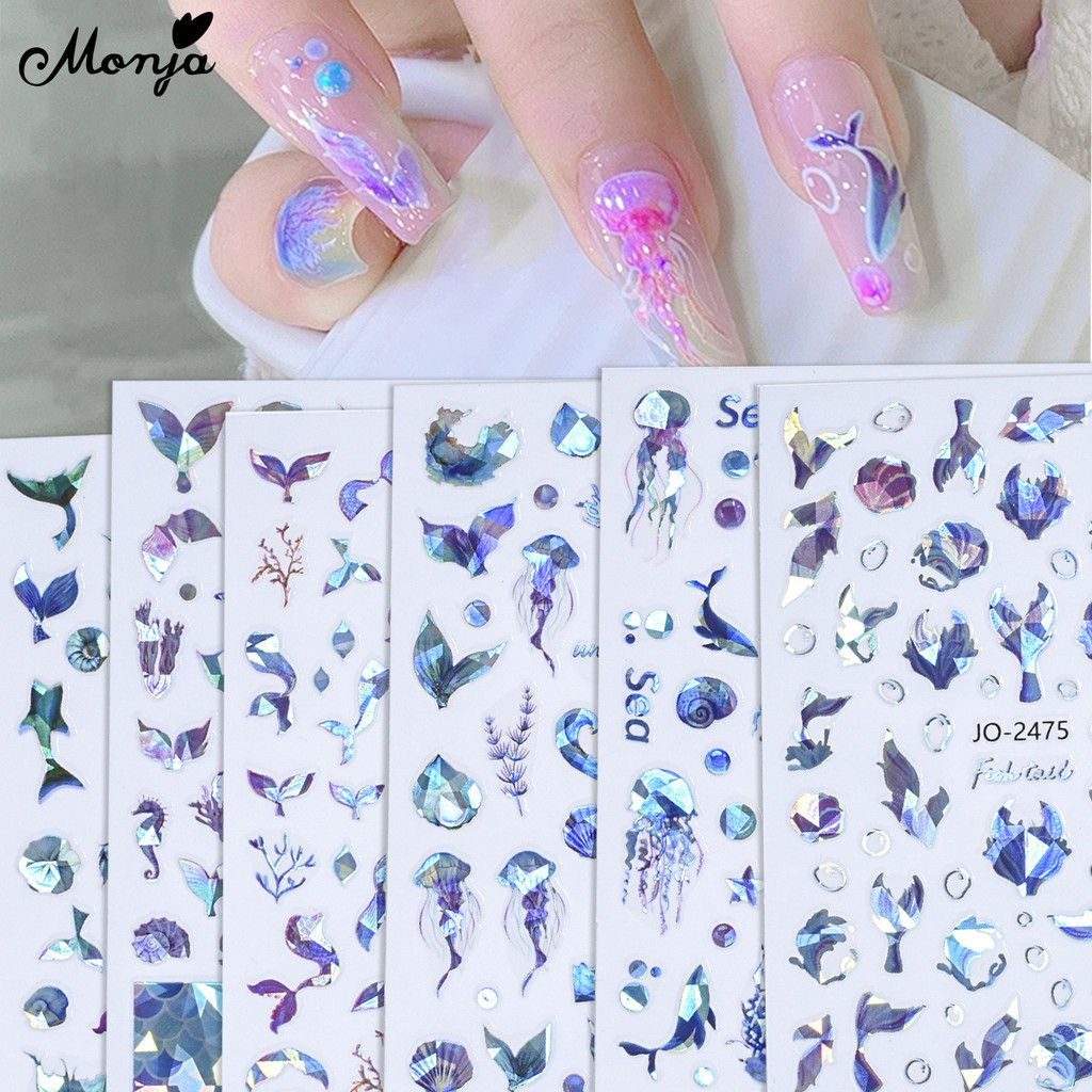 Monja Nail Art Stickers Laser Mermaid Tails Fishtail Decals Jellyfish ...