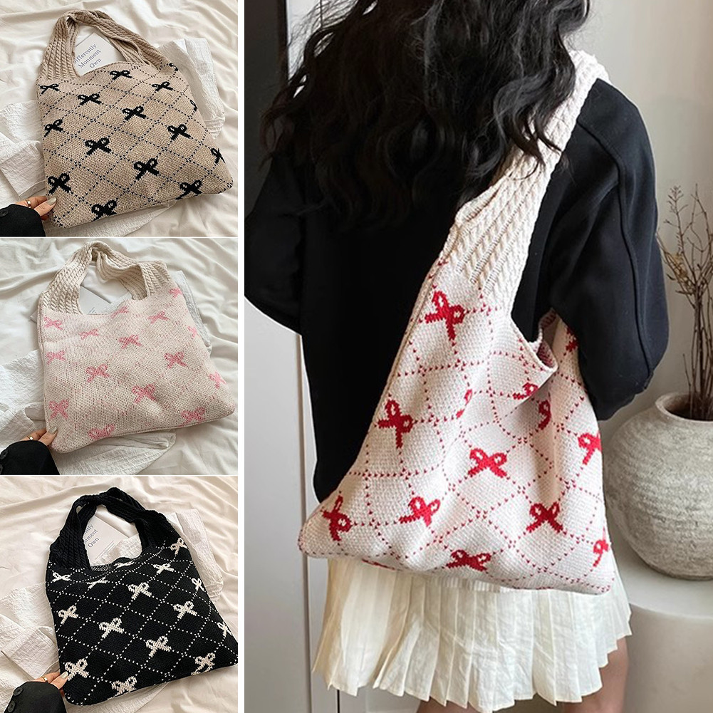 COD Ins Bag Crochet Knitted Bag Bow Pattern Bag Woven Bag Large ...