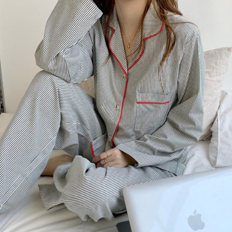 Simple striped pajama Women's long sleeve pants pajamas summer cardigan ...