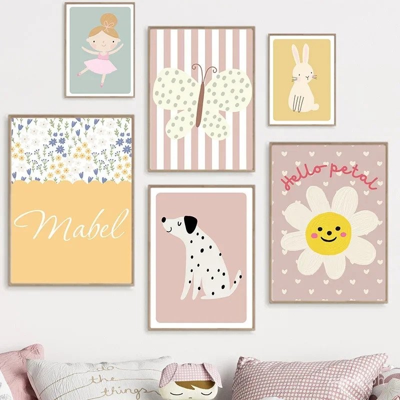Butterfly Dog Hazel Rabbit Cartoon Children's Room Poster Art Print,No ...