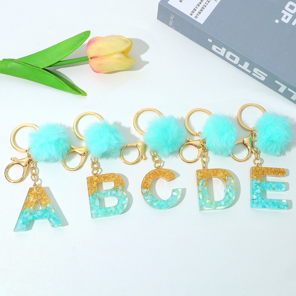 1Pcs Green A-Z Letter Resin Keychains With Pompom Simple 26 Alphabet ...